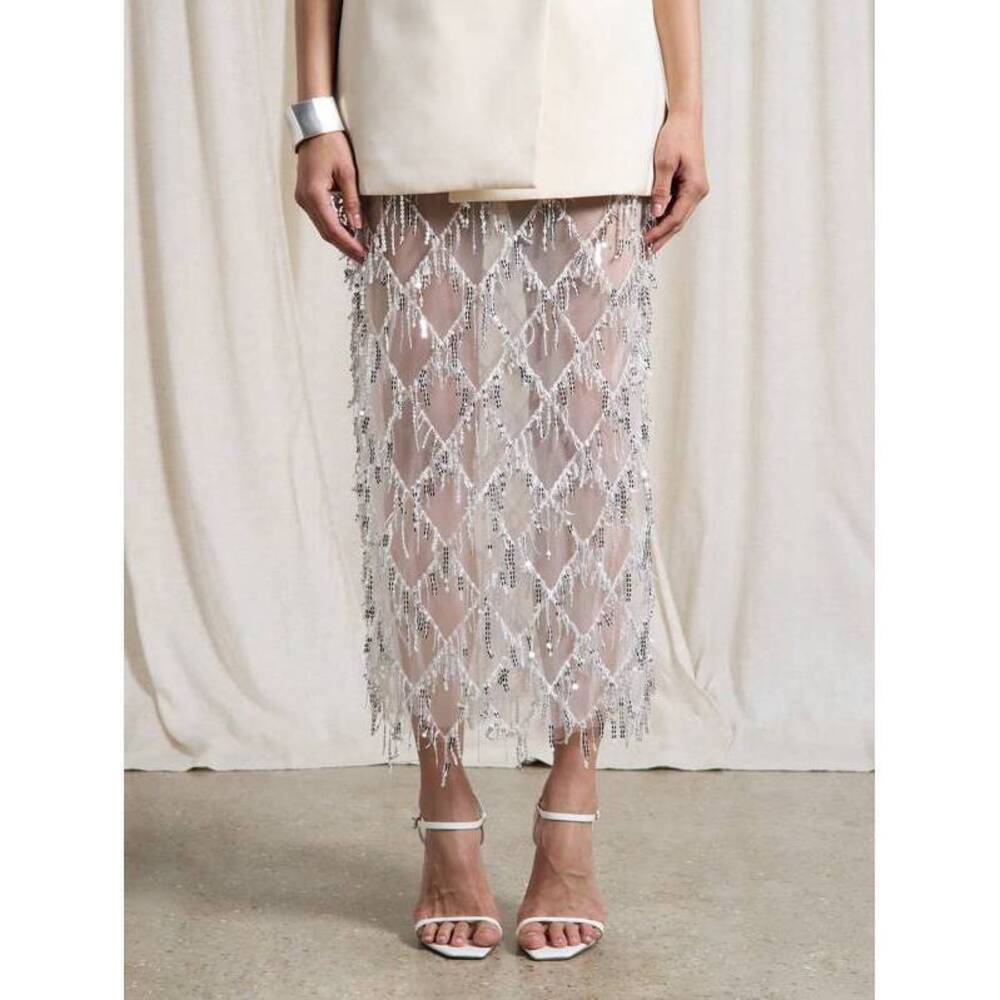 AiiRZ Embellished Pencil Maxi Skirt Wedding Reception Beaded Crystal Net Overlay - Picture 1 of 4